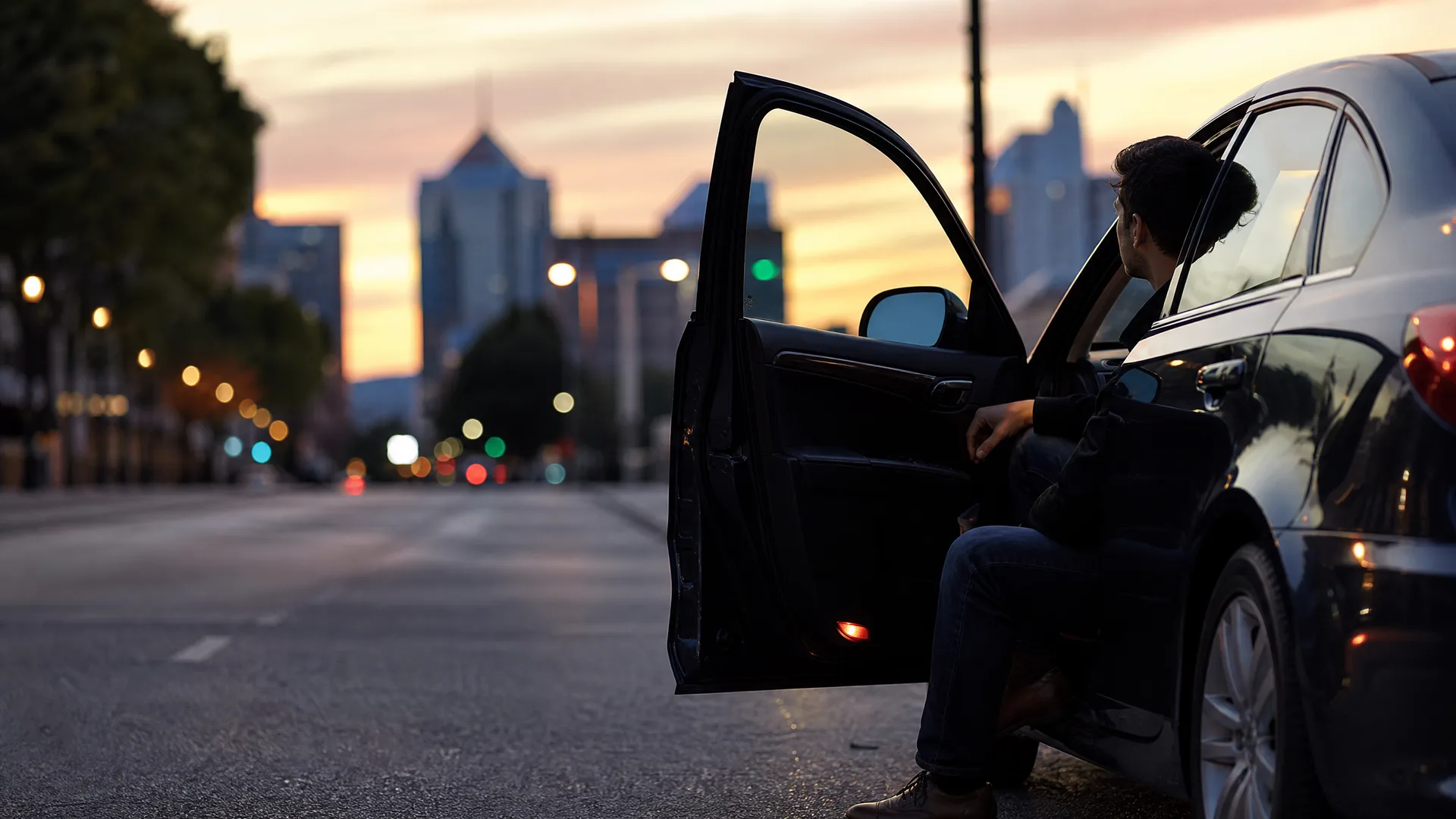 A man sits sideways in the open driver's door of a dark sedan parked at a roadside, with a blurred city skyline and street lights at dusk behind him.