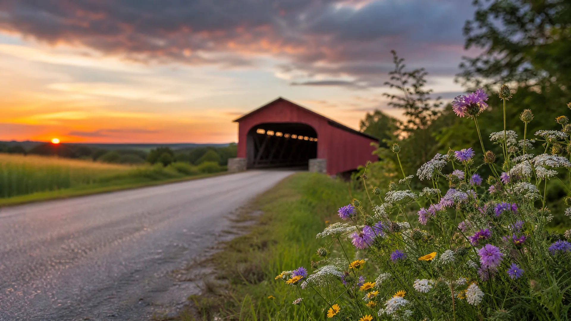 A red covered bridge at the end of a paved rural road at sunset, with purple and white wildflowers in the grassy roadside foreground and a colorful cloudy sky.