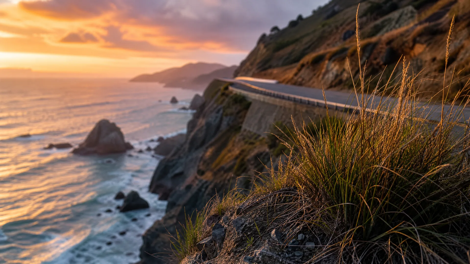 A paved two-lane road curves along a steep coastal cliff at sunset, with dry grasses in the foreground, sea stacks and surf below, and distant headlands under an orange and purple sky.