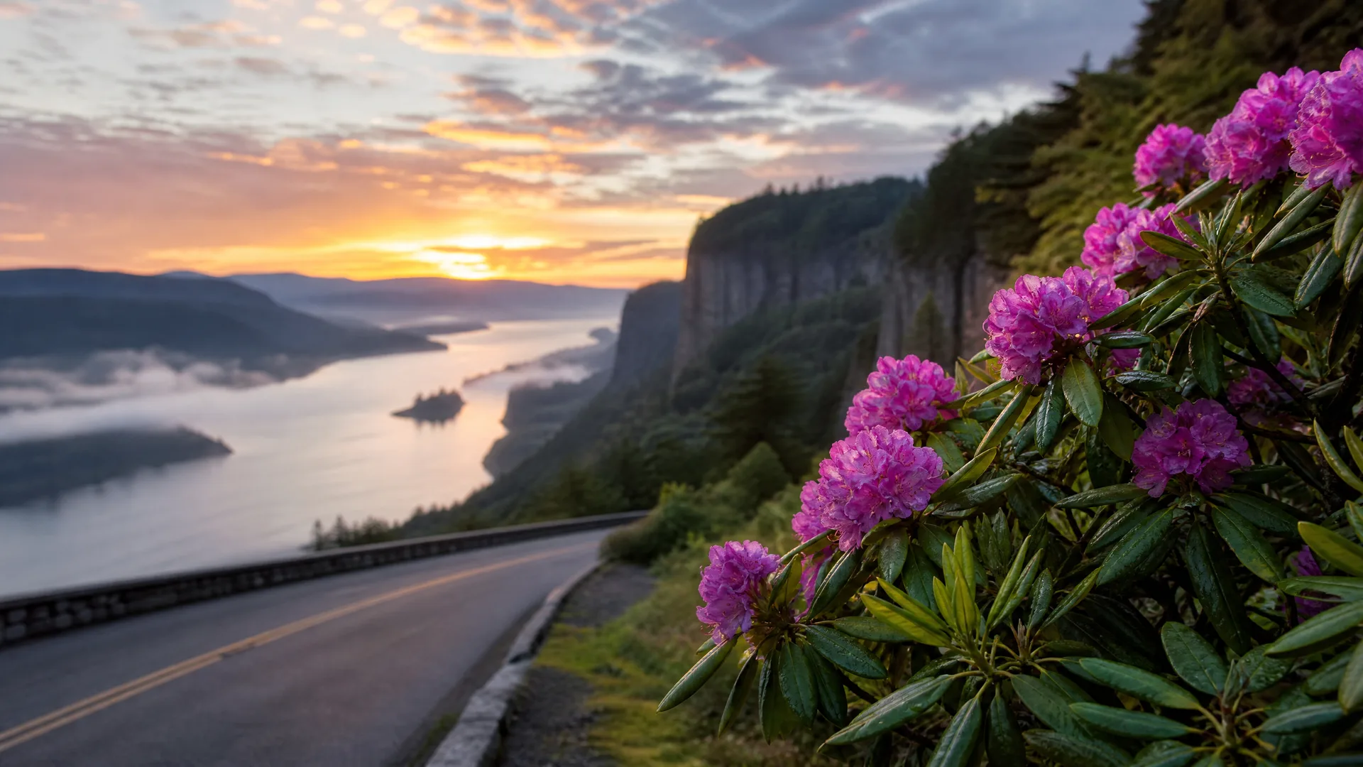 A pink-flowering rhododendron shrub in the right foreground beside a curving paved road with a stone guardrail, overlooking a misty river valley, forested cliffs, and distant hills at sunrise.